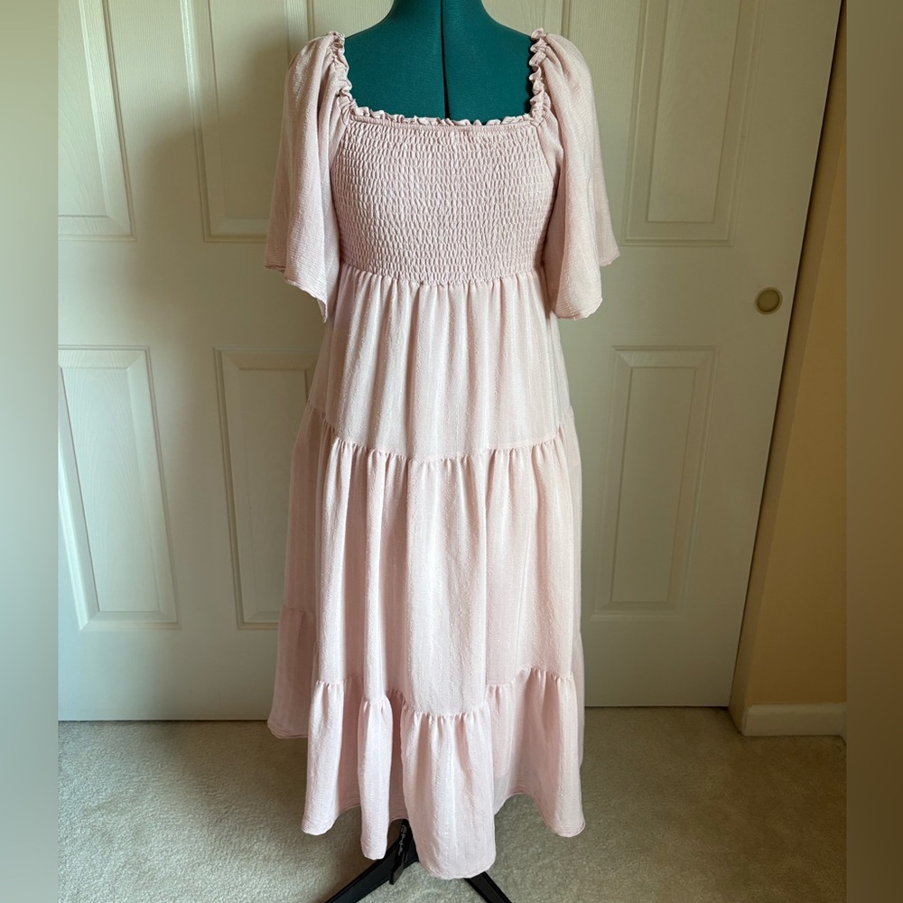 Light Pink Midi Dress with Smocked Bodice